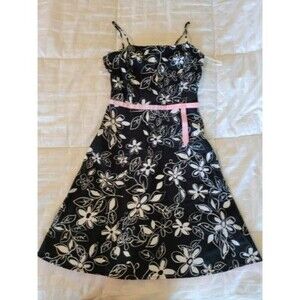 I.N. San Francisco Vintage Lined Dress Size 7 Black White Floral Pink Belt Tulle